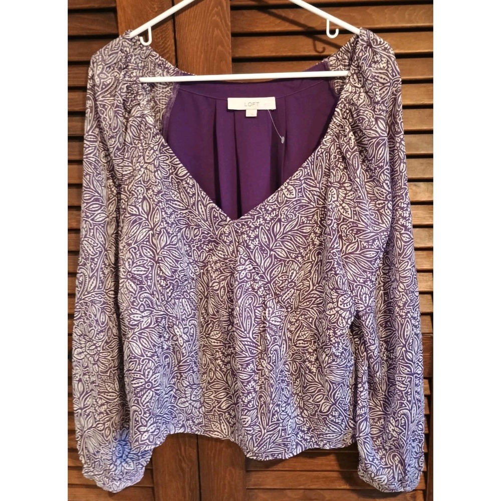 NWOT LOFT Women's Floral Boho Top Sz L Purple White Lightweight Summer Lined